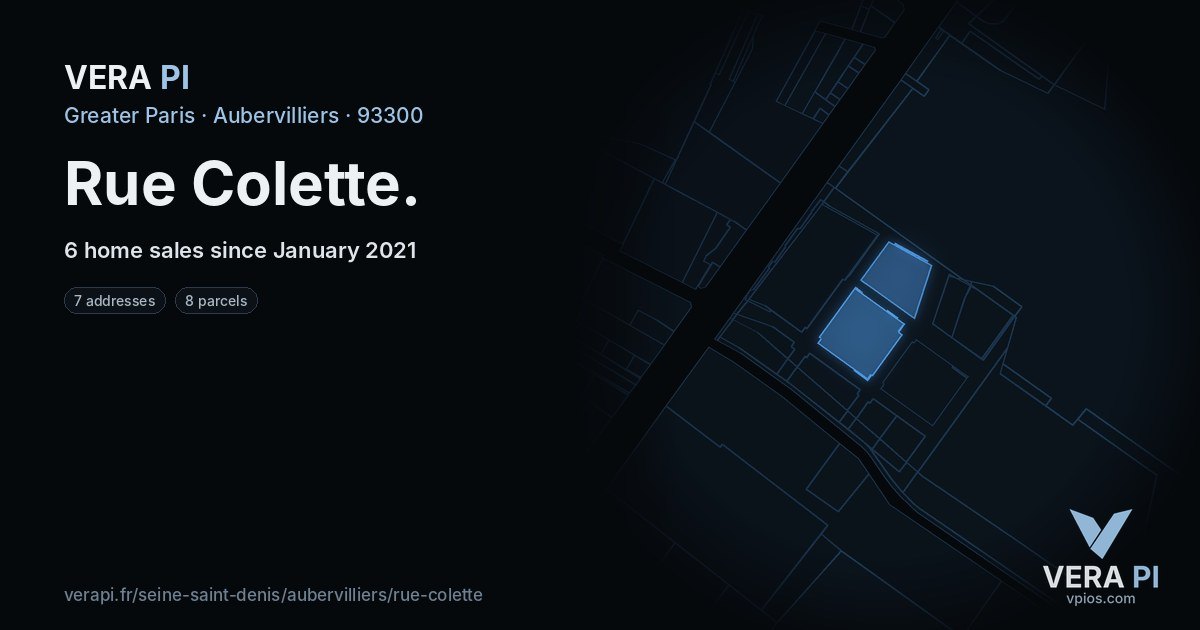 Rue Colette, Aubervilliers at night – every parcel coloured by the prices around it, the street's own parcels lit