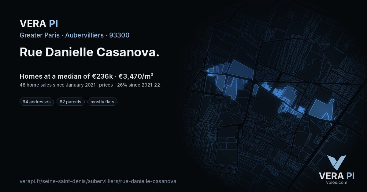 Rue Danielle Casanova, Aubervilliers at night – every parcel coloured by the prices around it, the street's own parcels lit