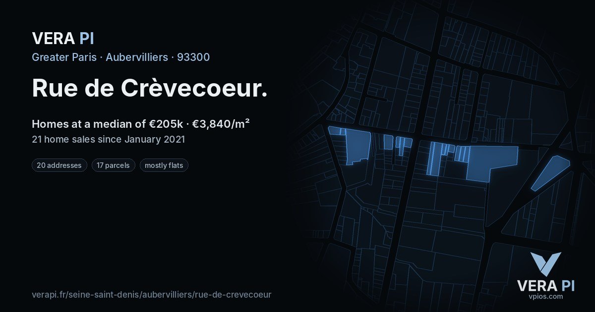 Rue de Crèvecoeur, Aubervilliers at night – every parcel coloured by the prices around it, the street's own parcels lit
