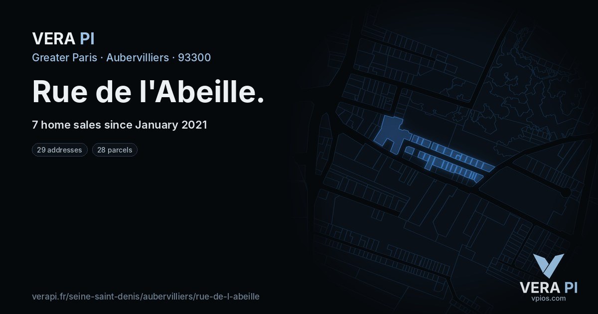 Rue de l'Abeille, Aubervilliers at night – every parcel coloured by the prices around it, the street's own parcels lit