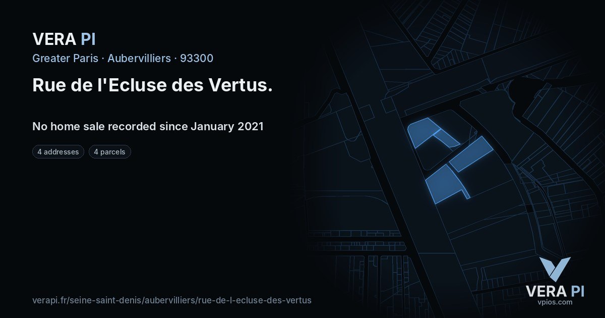 Rue de l'Ecluse des Vertus, Aubervilliers at night – every parcel coloured by the prices around it, the street's own parcels lit