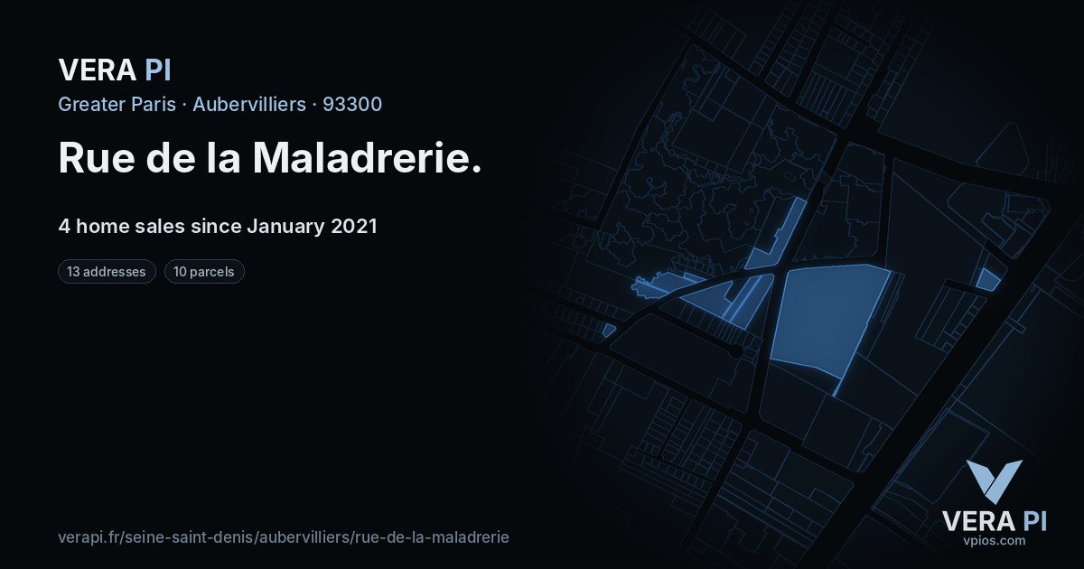 Rue de la Maladrerie, Aubervilliers at night – every parcel coloured by the prices around it, the street's own parcels lit