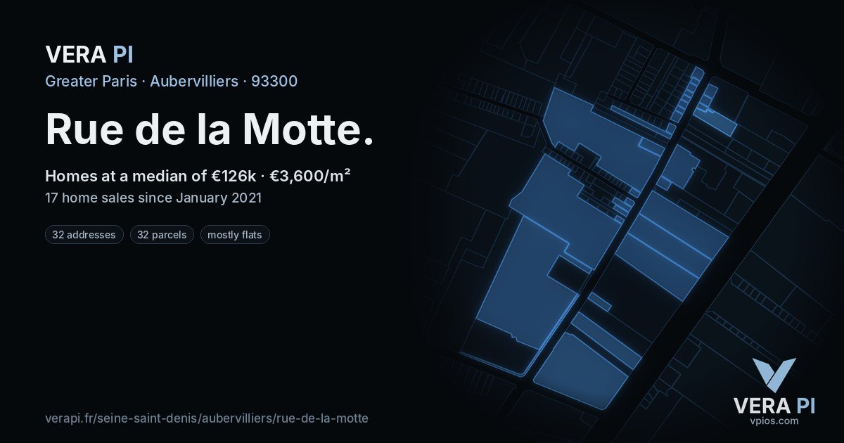 Rue de la Motte, Aubervilliers at night – every parcel coloured by the prices around it, the street's own parcels lit