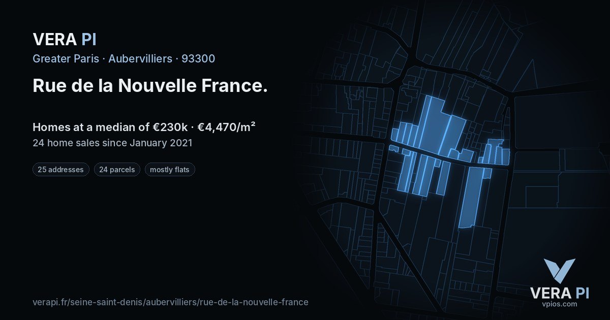 Rue de la Nouvelle France, Aubervilliers at night – every parcel coloured by the prices around it, the street's own parcels lit