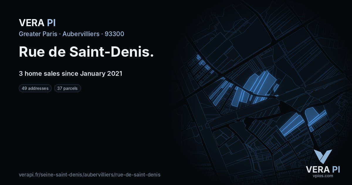 Rue de Saint-Denis, Aubervilliers at night – every parcel coloured by the prices around it, the street's own parcels lit