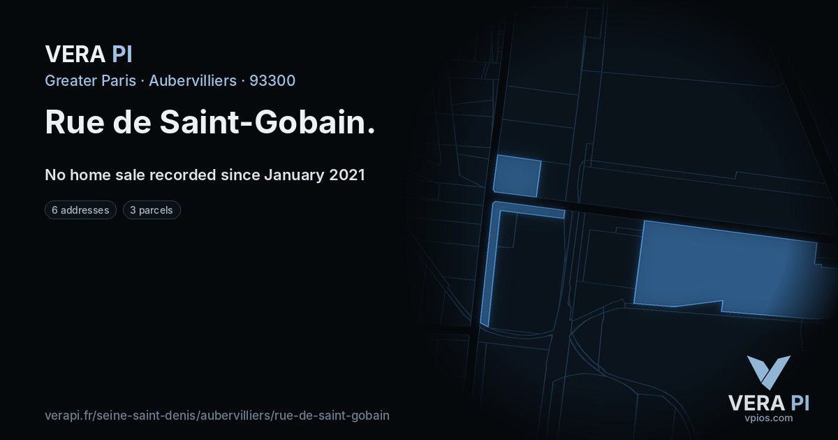 Rue de Saint-Gobain, Aubervilliers at night – every parcel coloured by the prices around it, the street's own parcels lit