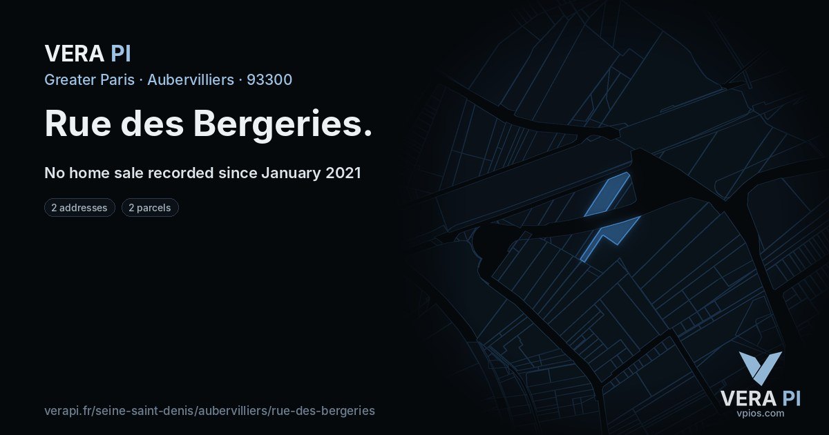Rue des Bergeries, Aubervilliers at night – every parcel coloured by the prices around it, the street's own parcels lit