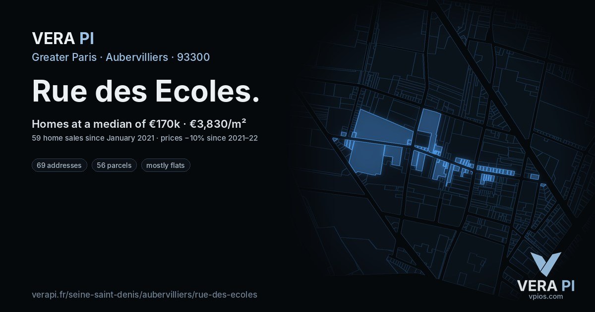 Rue des Ecoles, Aubervilliers at night – every parcel coloured by the prices around it, the street's own parcels lit