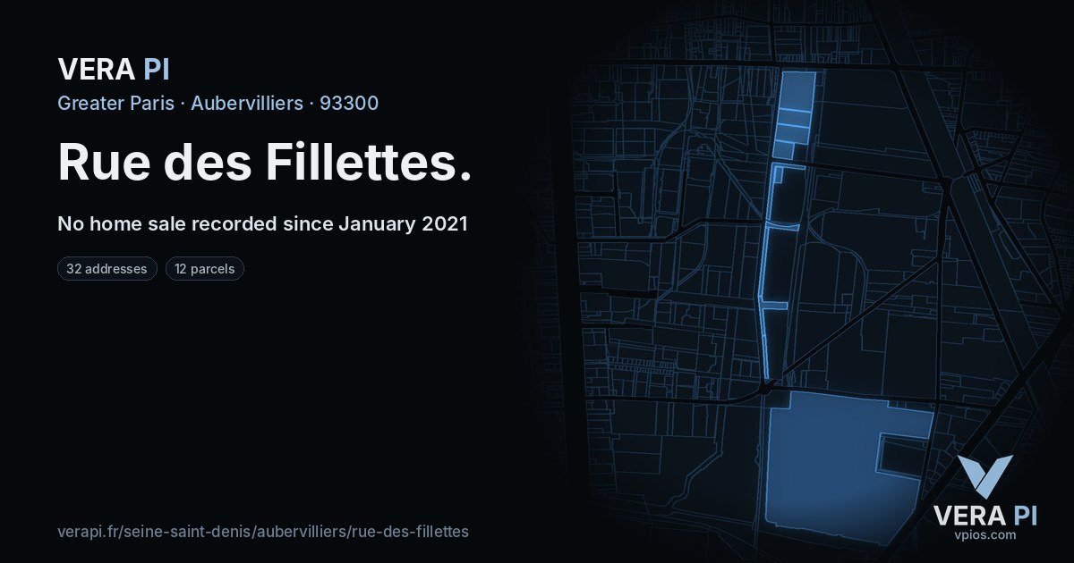 Rue des Fillettes, Aubervilliers at night – every parcel coloured by the prices around it, the street's own parcels lit