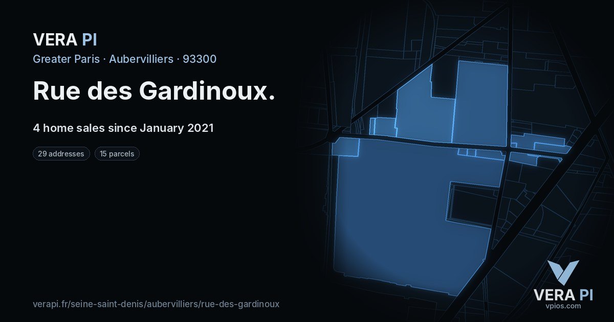 Rue des Gardinoux, Aubervilliers at night – every parcel coloured by the prices around it, the street's own parcels lit