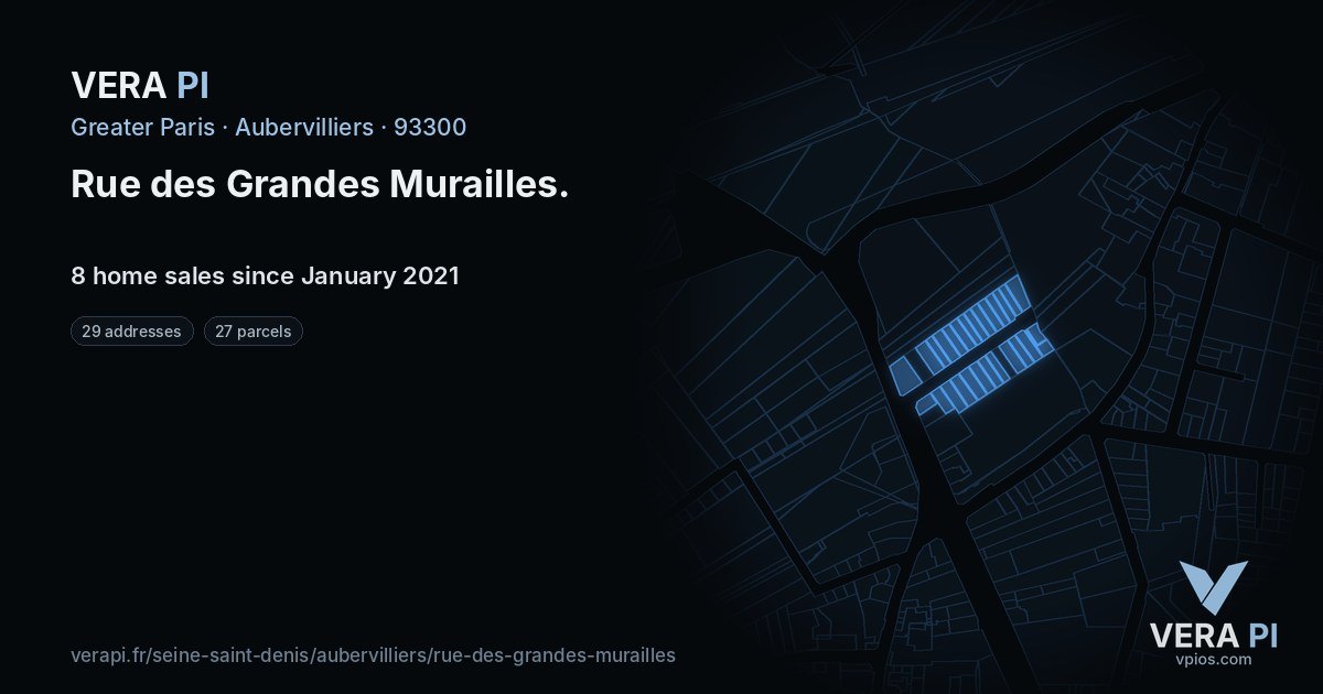 Rue des Grandes Murailles, Aubervilliers at night – every parcel coloured by the prices around it, the street's own parcels lit