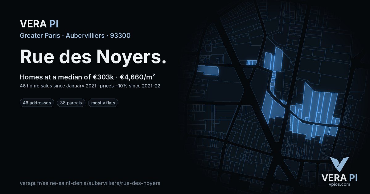 Rue des Noyers, Aubervilliers at night – every parcel coloured by the prices around it, the street's own parcels lit