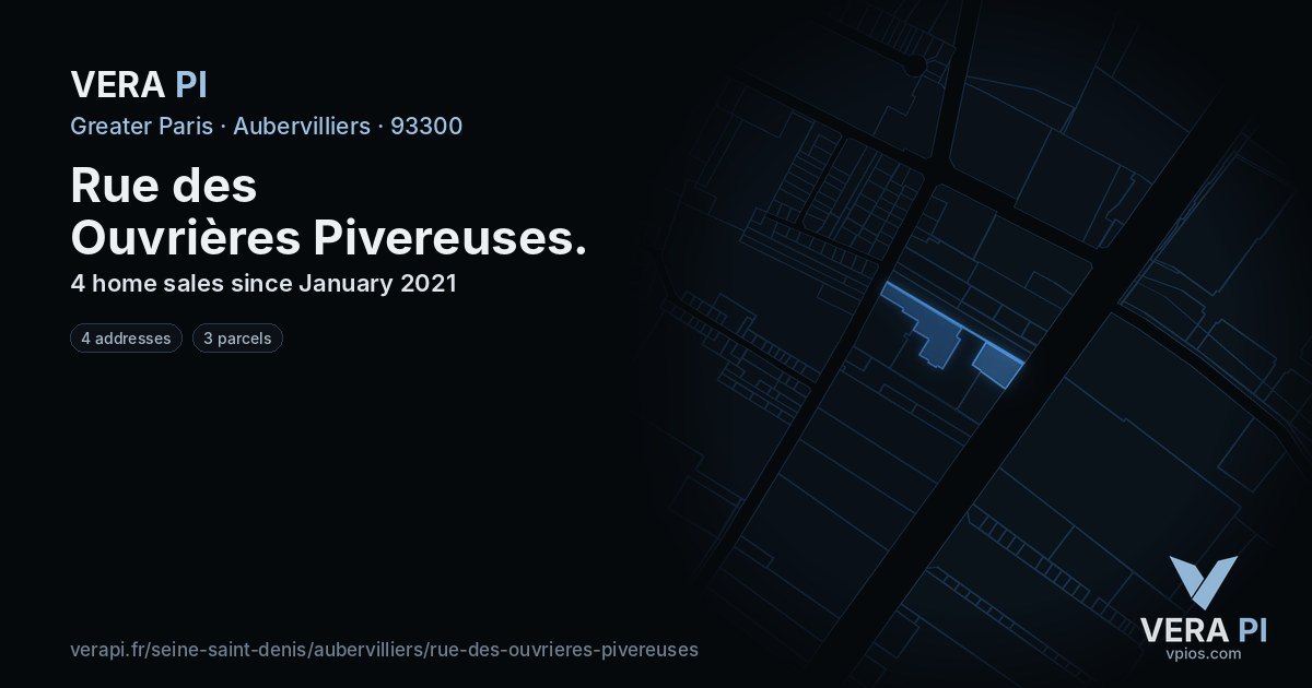 Rue des Ouvrières Pivereuses, Aubervilliers at night – every parcel coloured by the prices around it, the street's own parcels lit
