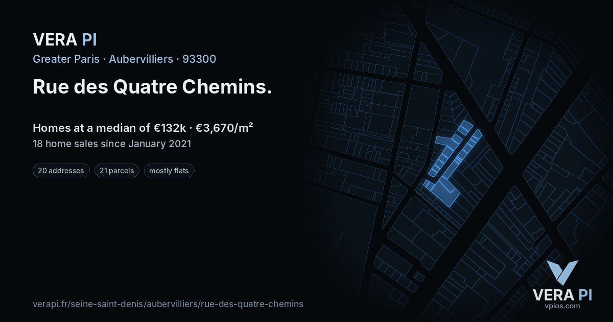 Rue des Quatre Chemins, Aubervilliers at night – every parcel coloured by the prices around it, the street's own parcels lit