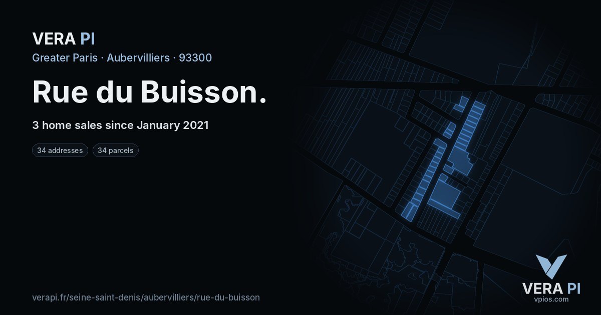 Rue du Buisson, Aubervilliers at night – every parcel coloured by the prices around it, the street's own parcels lit