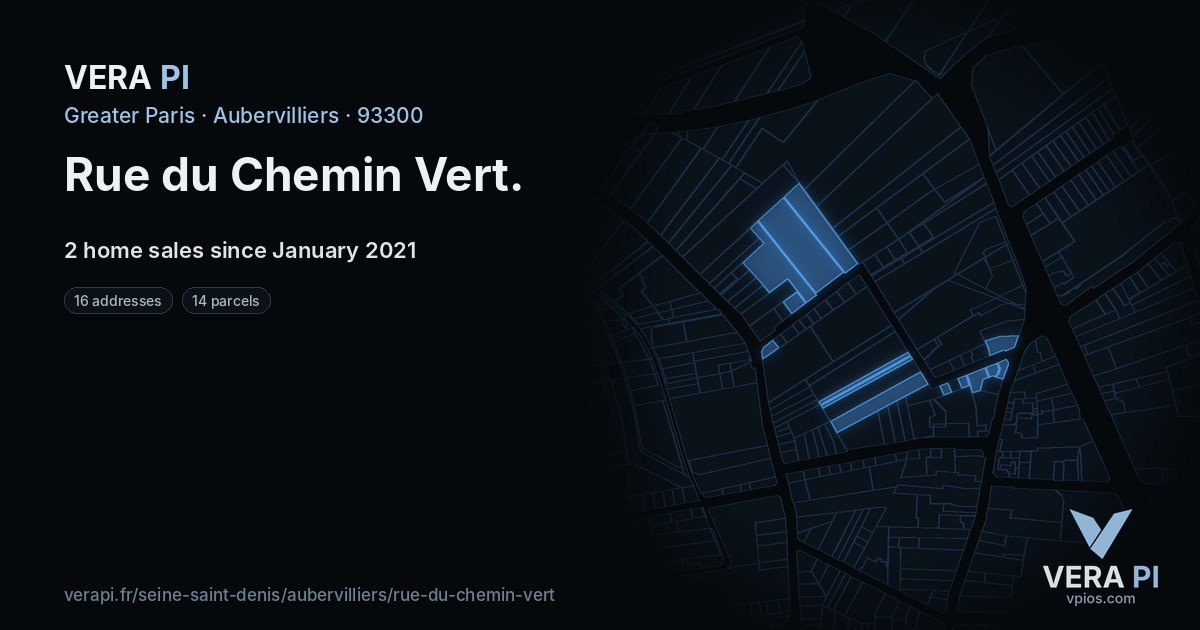 Rue du Chemin Vert, Aubervilliers at night – every parcel coloured by the prices around it, the street's own parcels lit