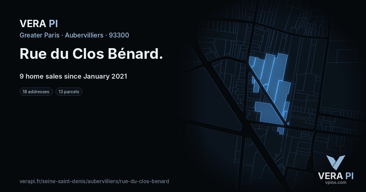 Rue du Clos Bénard, Aubervilliers at night – every parcel coloured by the prices around it, the street's own parcels lit