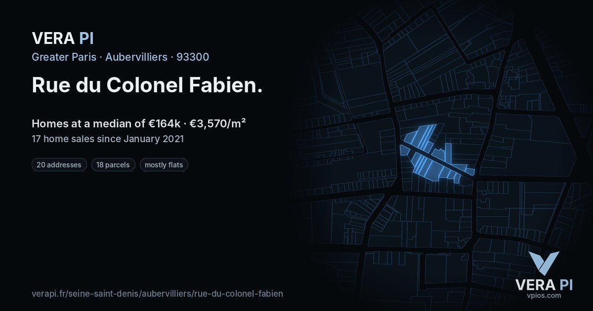 Rue du Colonel Fabien, Aubervilliers at night – every parcel coloured by the prices around it, the street's own parcels lit