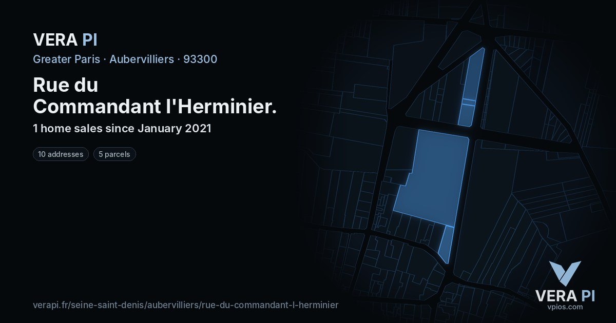 Rue du Commandant l'Herminier, Aubervilliers at night – every parcel coloured by the prices around it, the street's own parcels lit