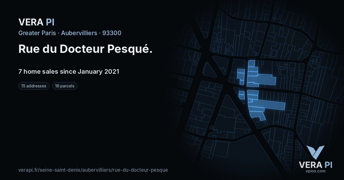 Rue du Docteur Pesqué, Aubervilliers at night – every parcel coloured by the prices around it, the street's own parcels lit