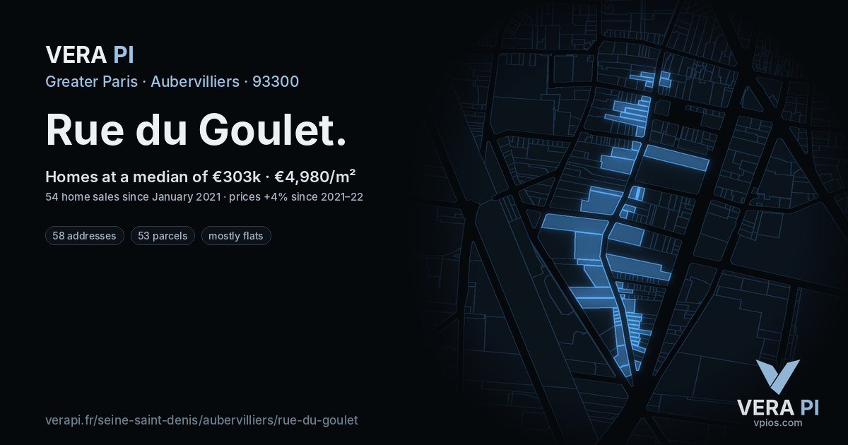 Rue du Goulet, Aubervilliers at night – every parcel coloured by the prices around it, the street's own parcels lit