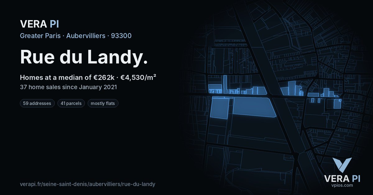 Rue du Landy, Aubervilliers at night – every parcel coloured by the prices around it, the street's own parcels lit