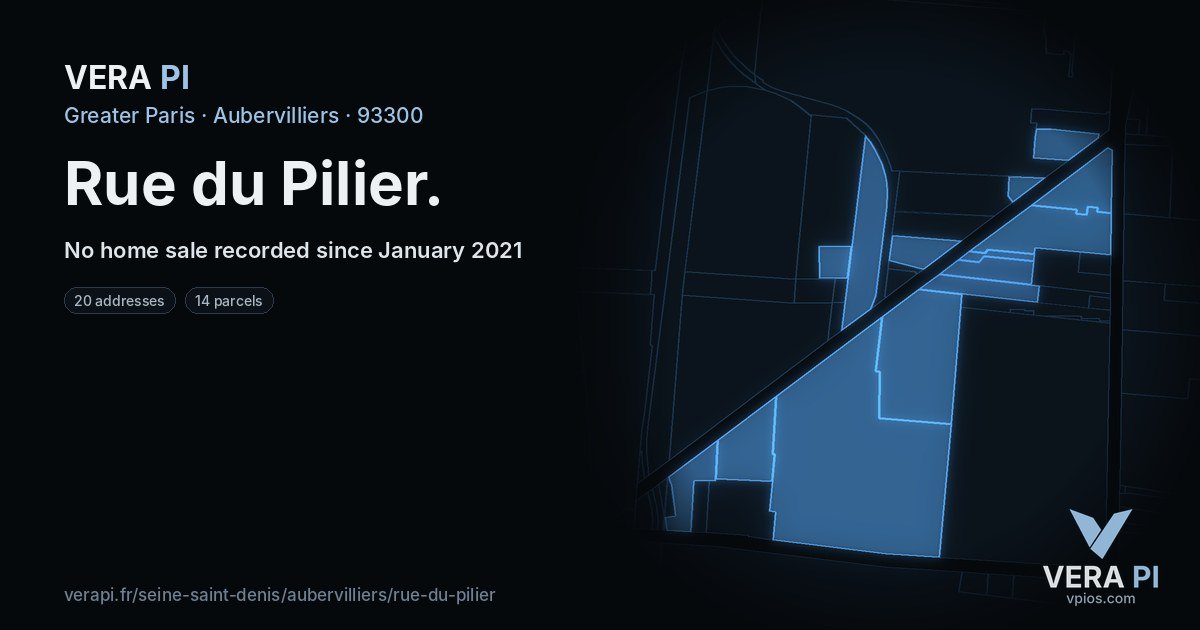 Rue du Pilier, Aubervilliers at night – every parcel coloured by the prices around it, the street's own parcels lit