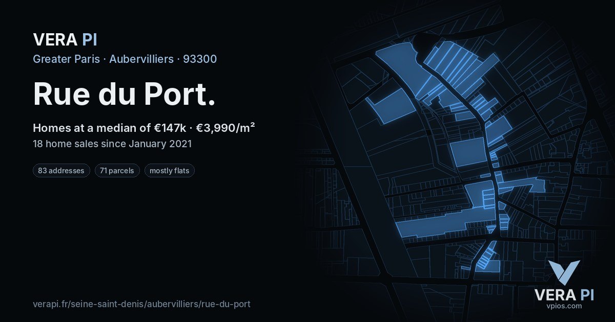Rue du Port, Aubervilliers at night – every parcel coloured by the prices around it, the street's own parcels lit