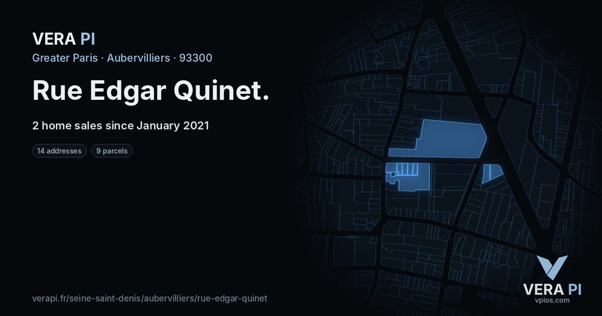 Rue Edgar Quinet, Aubervilliers at night – every parcel coloured by the prices around it, the street's own parcels lit