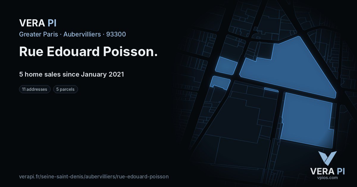 Rue Edouard Poisson, Aubervilliers at night – every parcel coloured by the prices around it, the street's own parcels lit