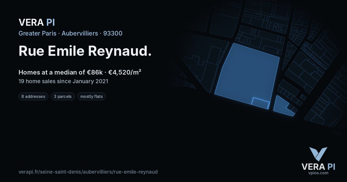Rue Emile Reynaud, Aubervilliers at night – every parcel coloured by the prices around it, the street's own parcels lit