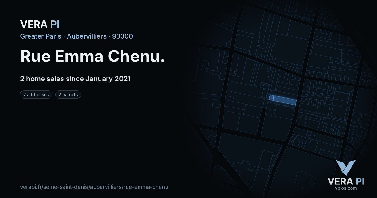 Rue Emma Chenu, Aubervilliers at night – every parcel coloured by the prices around it, the street's own parcels lit