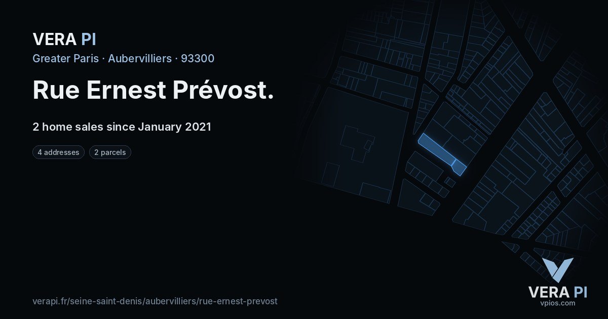 Rue Ernest Prévost, Aubervilliers at night – every parcel coloured by the prices around it, the street's own parcels lit