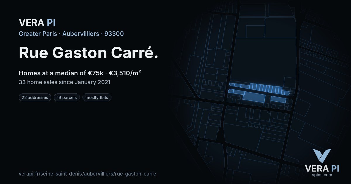 Rue Gaston Carré, Aubervilliers at night – every parcel coloured by the prices around it, the street's own parcels lit