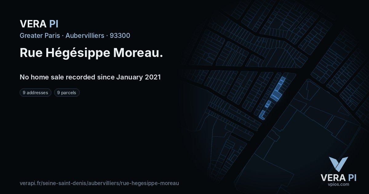 Rue Hégésippe Moreau, Aubervilliers at night – every parcel coloured by the prices around it, the street's own parcels lit