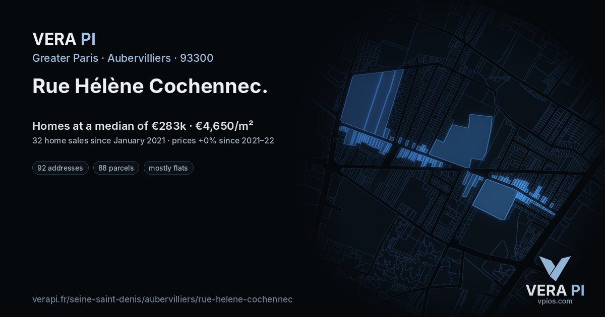 Rue Hélène Cochennec, Aubervilliers at night – every parcel coloured by the prices around it, the street's own parcels lit