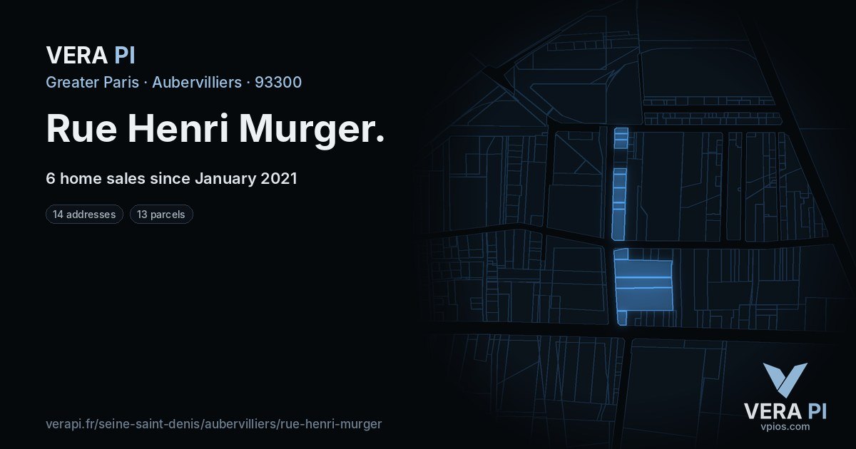 Rue Henri Murger, Aubervilliers at night – every parcel coloured by the prices around it, the street's own parcels lit