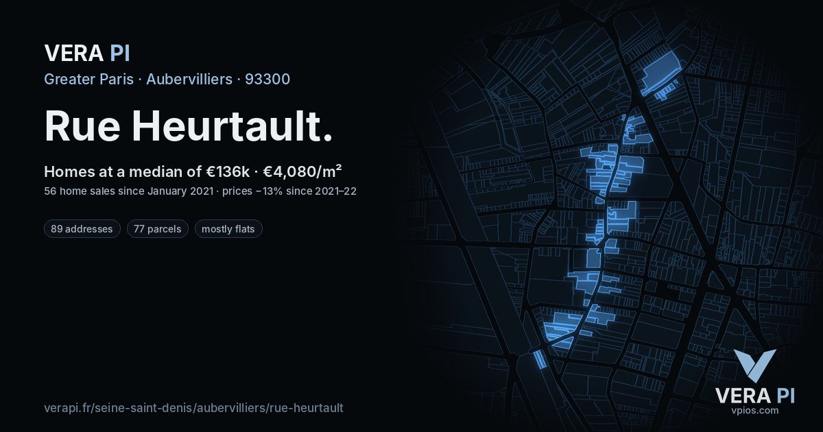 Rue Heurtault, Aubervilliers at night – every parcel coloured by the prices around it, the street's own parcels lit