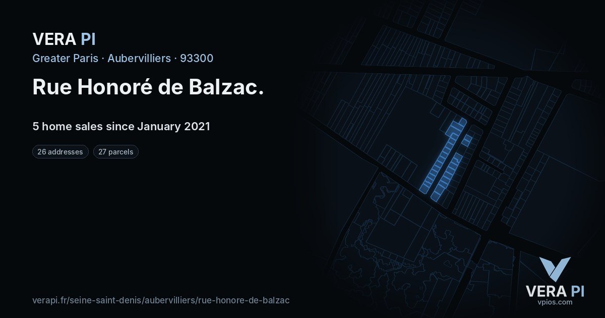 Rue Honoré de Balzac, Aubervilliers at night – every parcel coloured by the prices around it, the street's own parcels lit