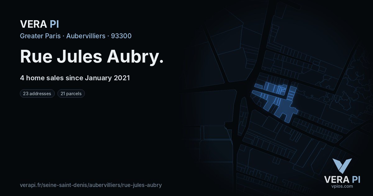 Rue Jules Aubry, Aubervilliers at night – every parcel coloured by the prices around it, the street's own parcels lit