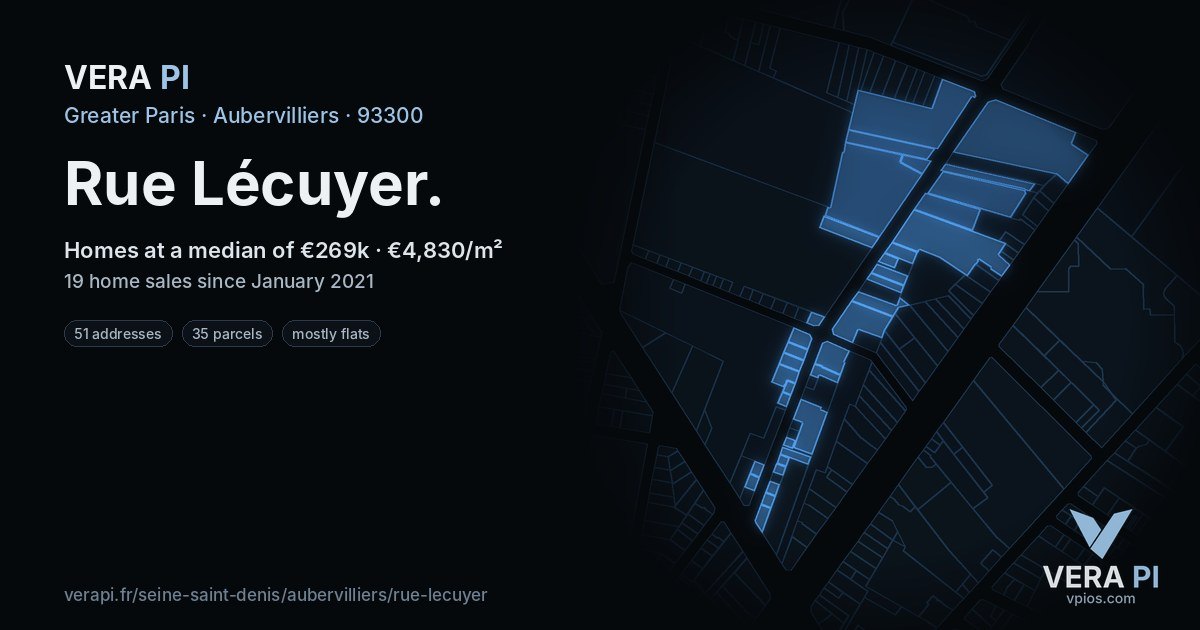 Rue Lécuyer, Aubervilliers at night – every parcel coloured by the prices around it, the street's own parcels lit