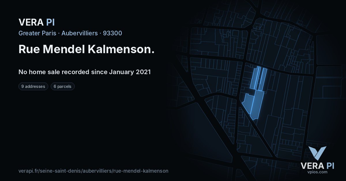 Rue Mendel Kalmenson, Aubervilliers at night – every parcel coloured by the prices around it, the street's own parcels lit