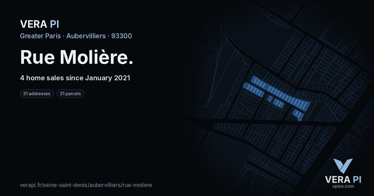 Rue Molière, Aubervilliers at night – every parcel coloured by the prices around it, the street's own parcels lit