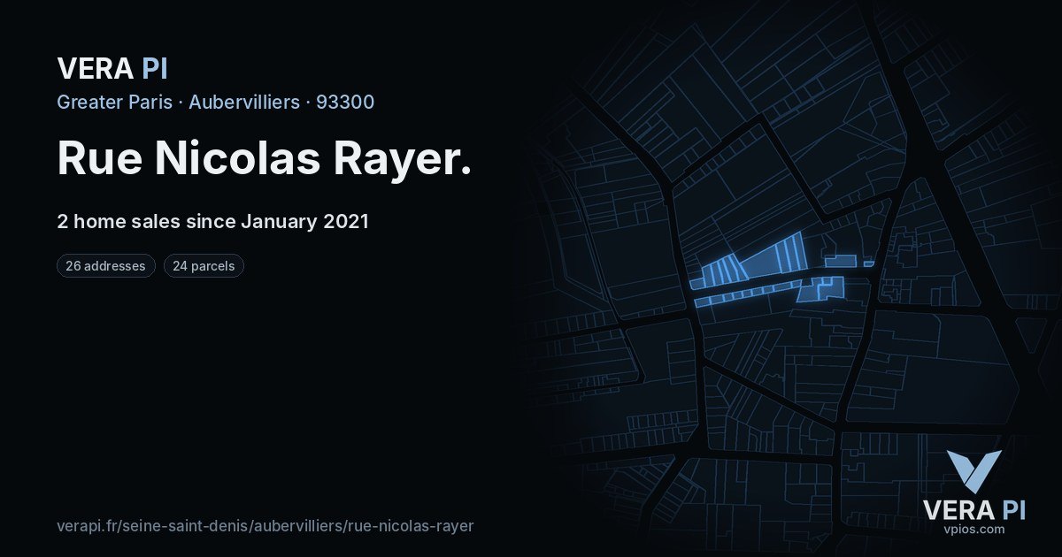 Rue Nicolas Rayer, Aubervilliers at night – every parcel coloured by the prices around it, the street's own parcels lit