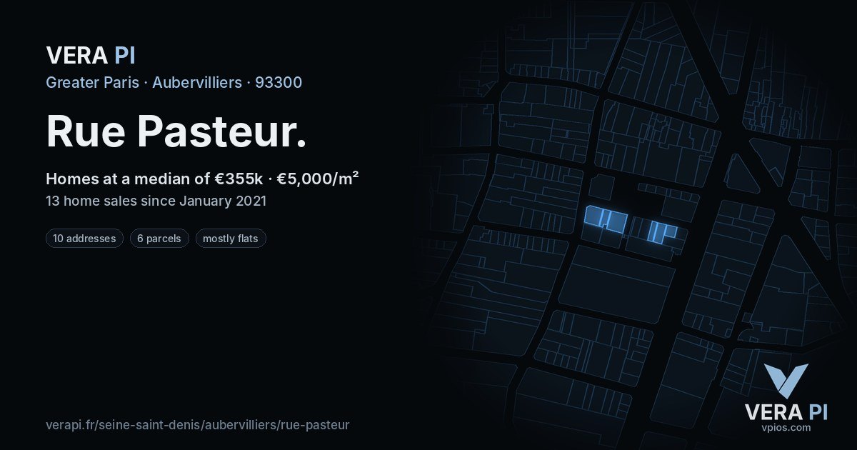 Rue Pasteur, Aubervilliers at night – every parcel coloured by the prices around it, the street's own parcels lit
