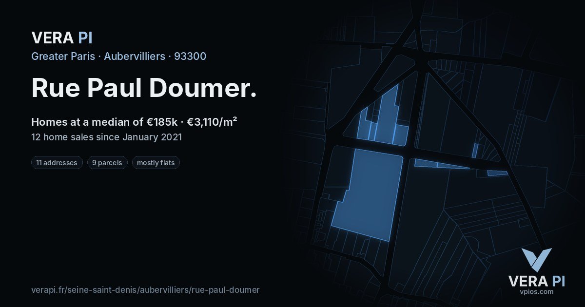 Rue Paul Doumer, Aubervilliers at night – every parcel coloured by the prices around it, the street's own parcels lit