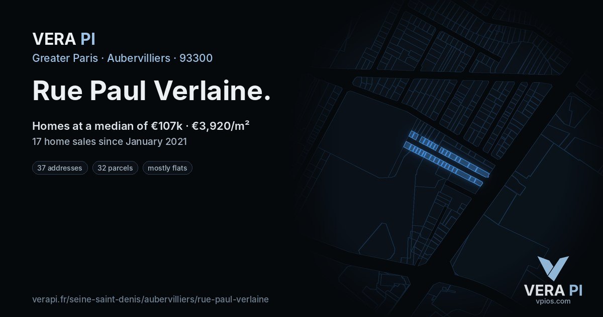 Rue Paul Verlaine, Aubervilliers at night – every parcel coloured by the prices around it, the street's own parcels lit