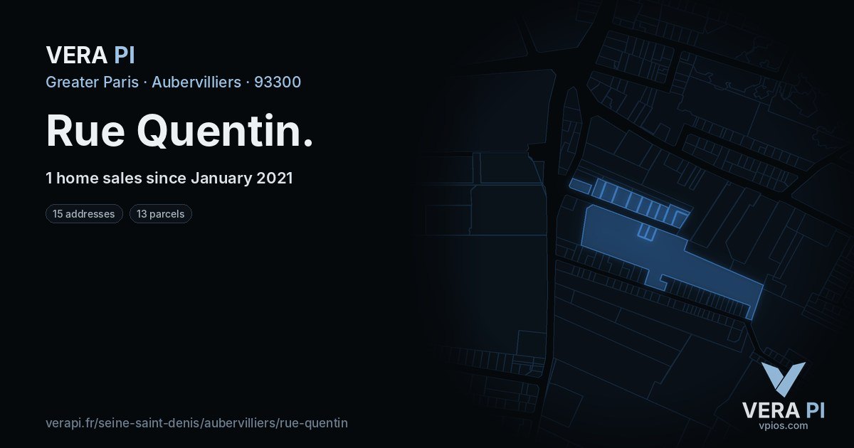 Rue Quentin, Aubervilliers at night – every parcel coloured by the prices around it, the street's own parcels lit