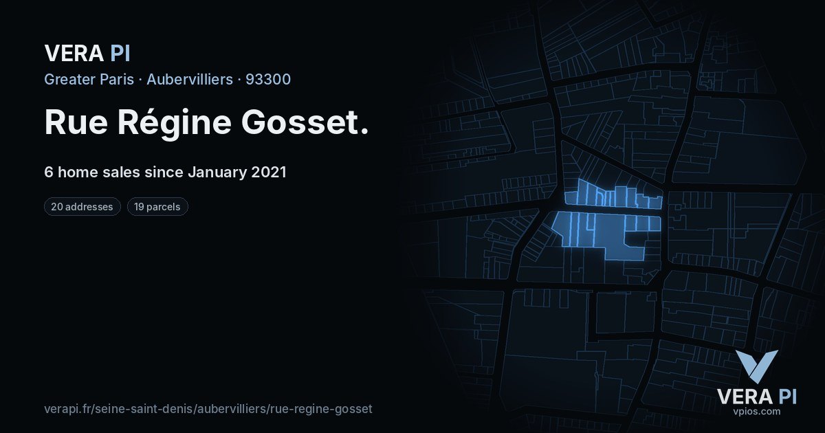 Rue Régine Gosset, Aubervilliers at night – every parcel coloured by the prices around it, the street's own parcels lit