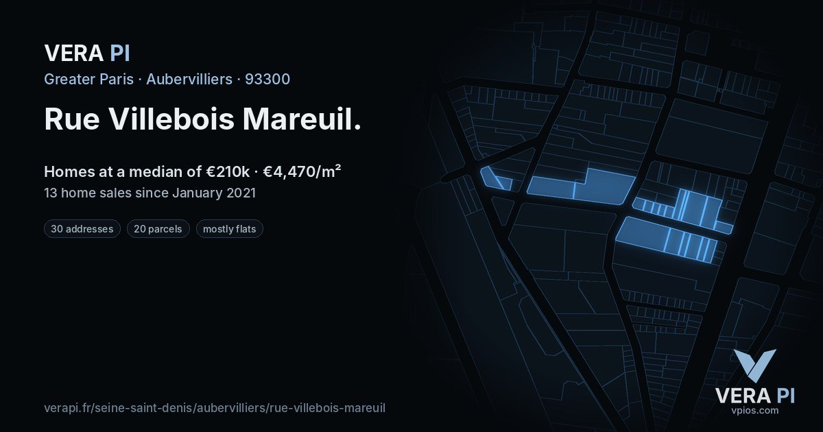 Rue Villebois Mareuil, Aubervilliers at night – every parcel coloured by the prices around it, the street's own parcels lit